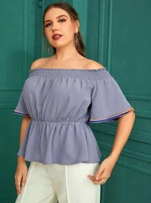 Mulvari Plus Solid Off The Shoulder Butterfly Sleeve Peplum Blouse - Violet Purple - View 1