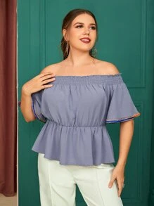 Mulvari Plus Solid Off The Shoulder Butterfly Sleeve Peplum Blouse - Violet Purple - View 4