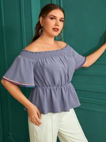 Mulvari Plus Solid Off The Shoulder Butterfly Sleeve Peplum Blouse - Violet Purple - View 5