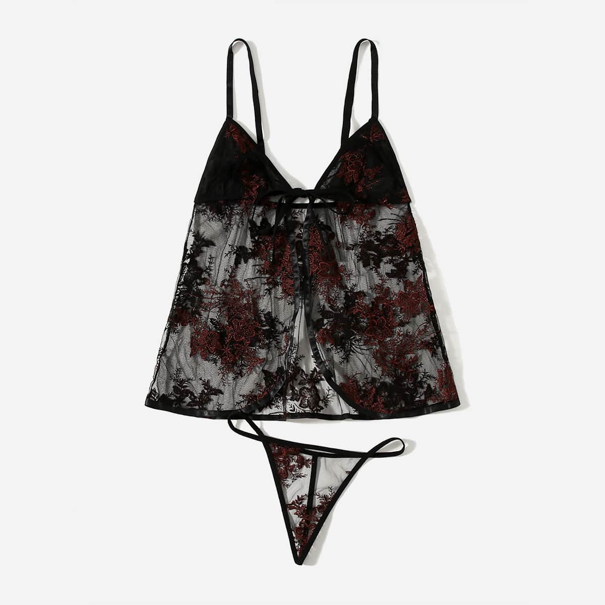 

Floral Embroidered Mesh Lingerie Set, Black
