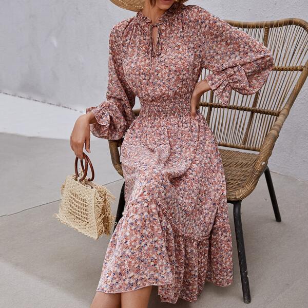

Tie Neck Ditsy Floral Flounce Sleeve Shirred Waist A-Line Dress, Pink