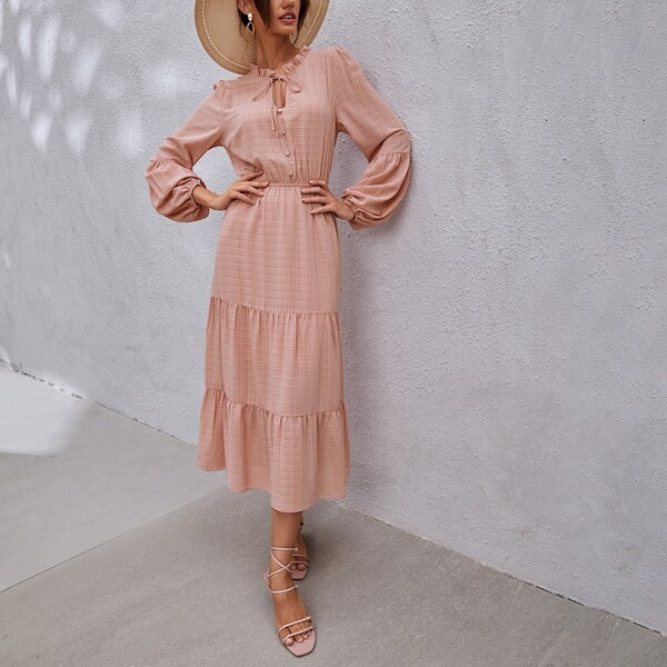

Plaid Tie Neck A-line Dress, Baby pink