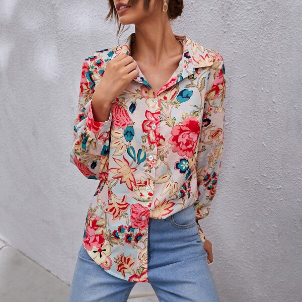 

Floral Print Button Up Blouse, Multicolor