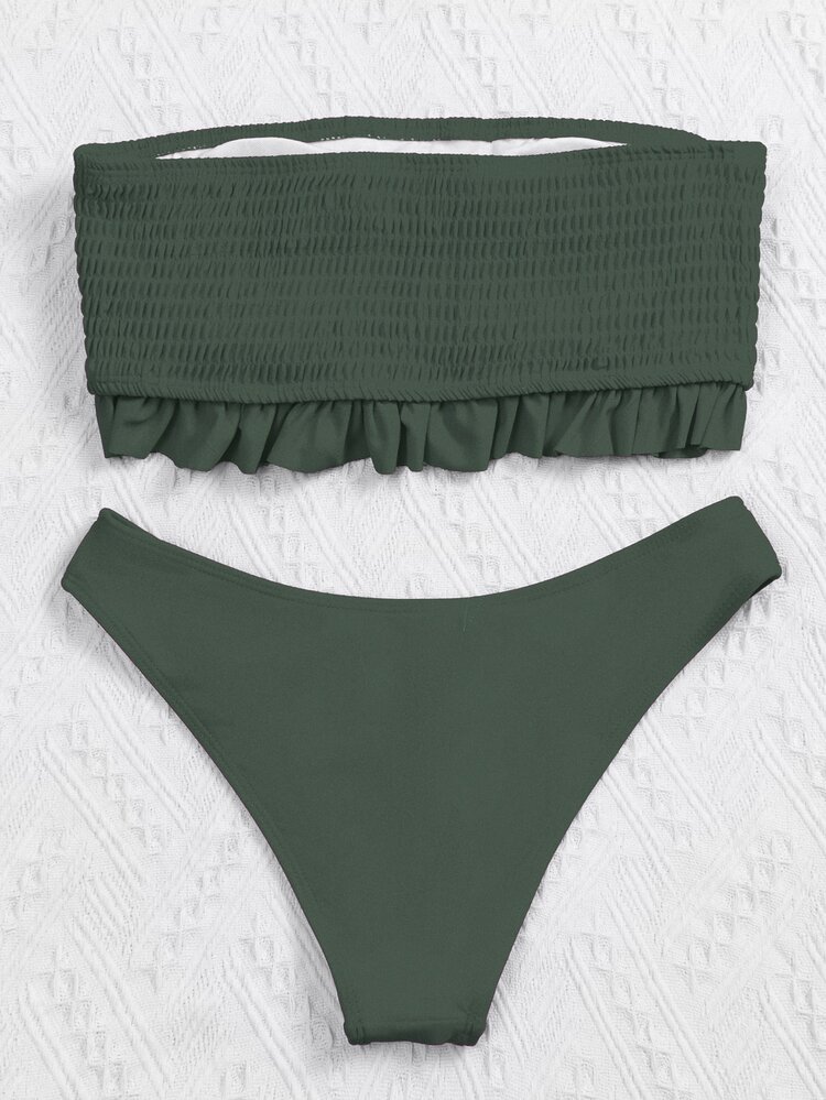 Bikini Bandeau Ruffle Hem - xanh quân đội - Xem 2