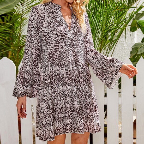 

Cheetah Print Flounce Sleeve Babydoll Dress, Multicolor