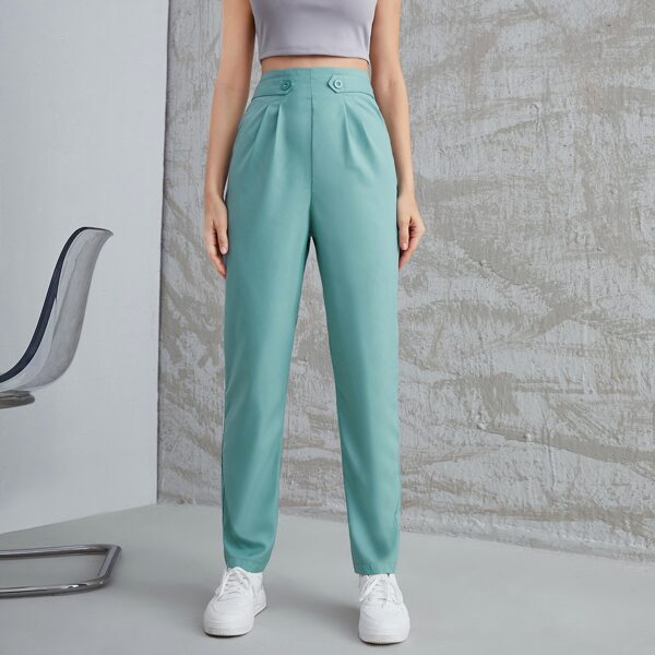 

Solid Button Decor Zipper Back Pants, Green