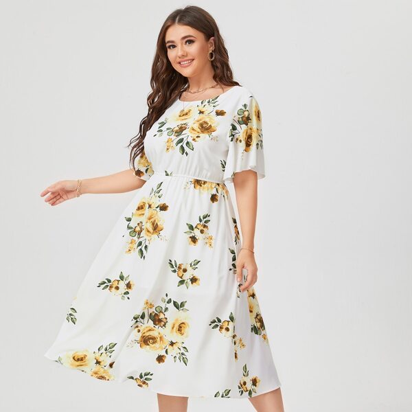 

Plus Floral Print Dress Without Belt, Multicolor