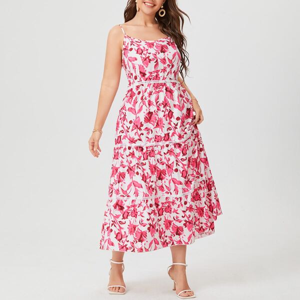 

Plus Allover Floral Lace Insert Ruffle Hem Cami Dress, Pink