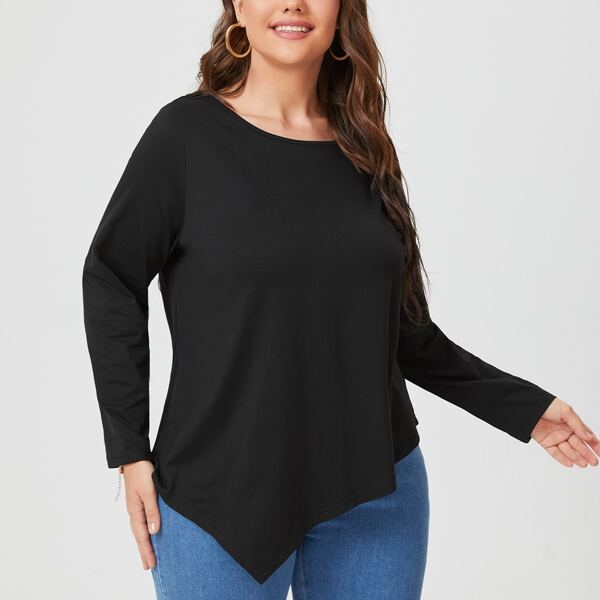 

Plus Solid Asymmetrical Hem Tee, Black