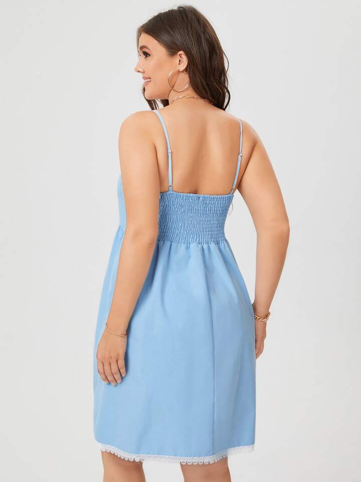 Our Plus Lace Panel Shirred Back Cami Dress is such a vibe - ROMWE