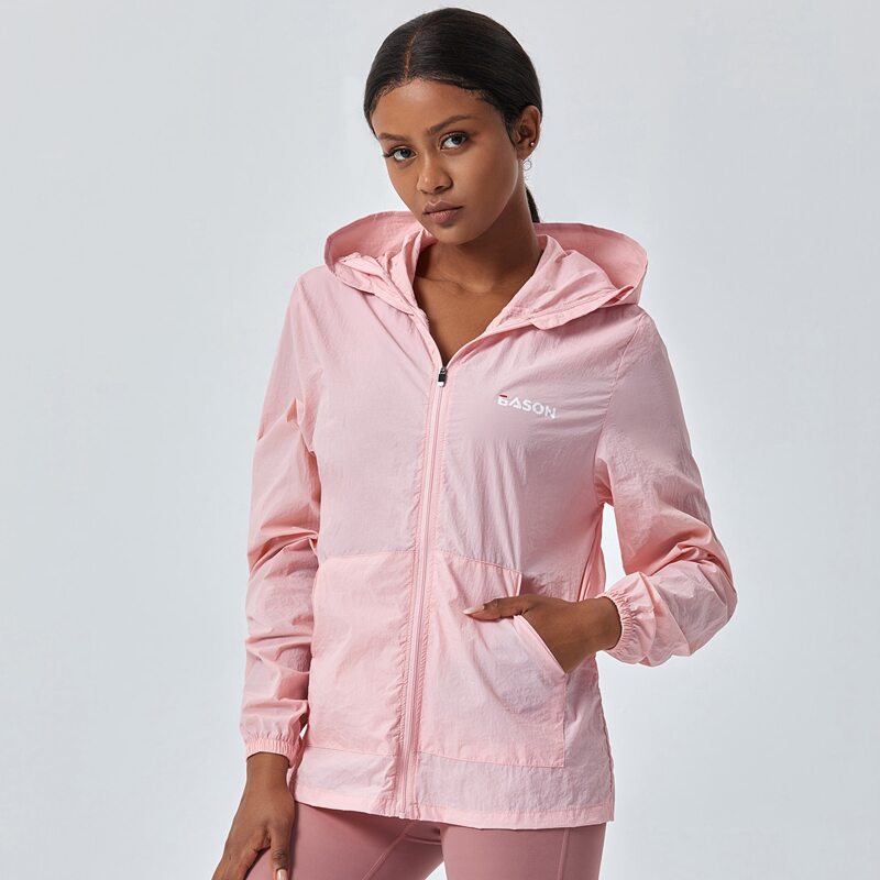 

UV Protection 50+ Letter Print Hooded Sports Jacket, Baby pink