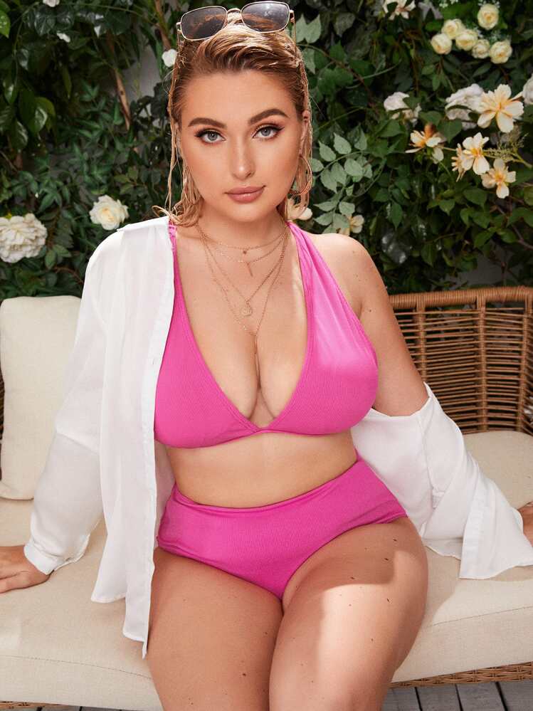 Plus Size Rib Cross Back Bộ bikini lưng cao đi biển mùa hè - Màu Hồng Tươi - Xem 1