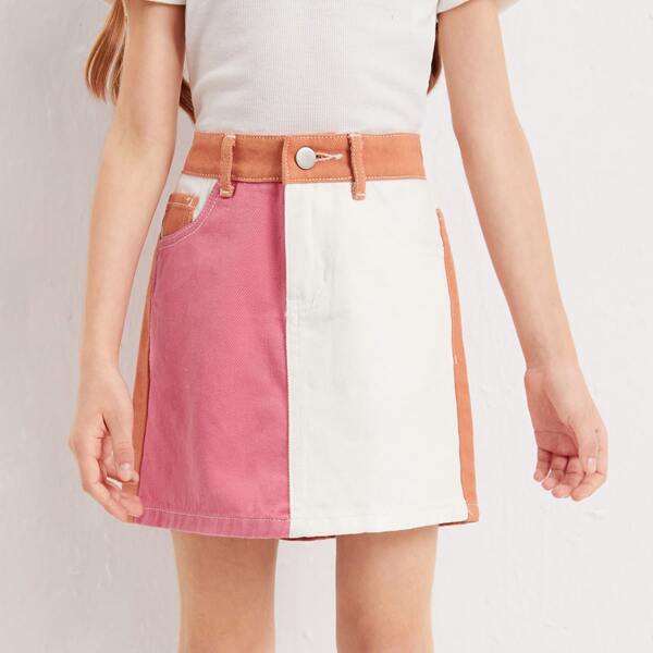 

Girls Color Block Denim Skirt, Multicolor