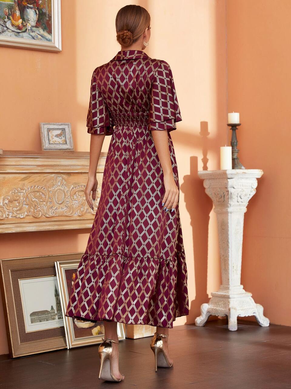 Burgundy Red Gold Argyle Print Shawl Collar Shirred Waist A-Line Dress