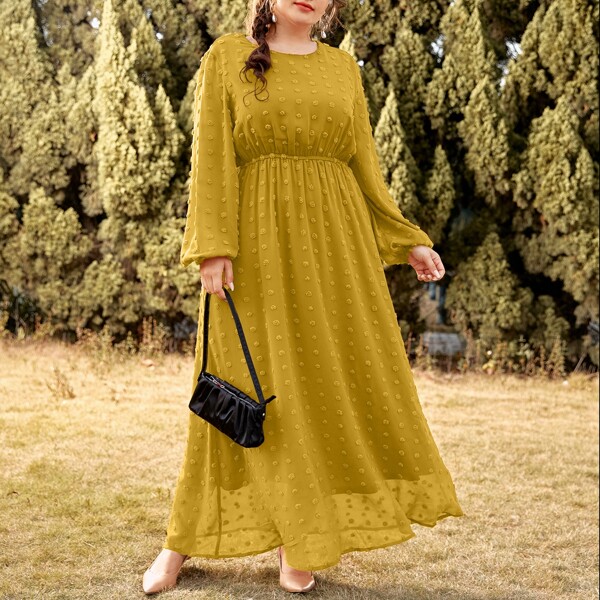 

Plus Swiss Dot Bishop Sleeve Maxi A-line Dress, Yellow