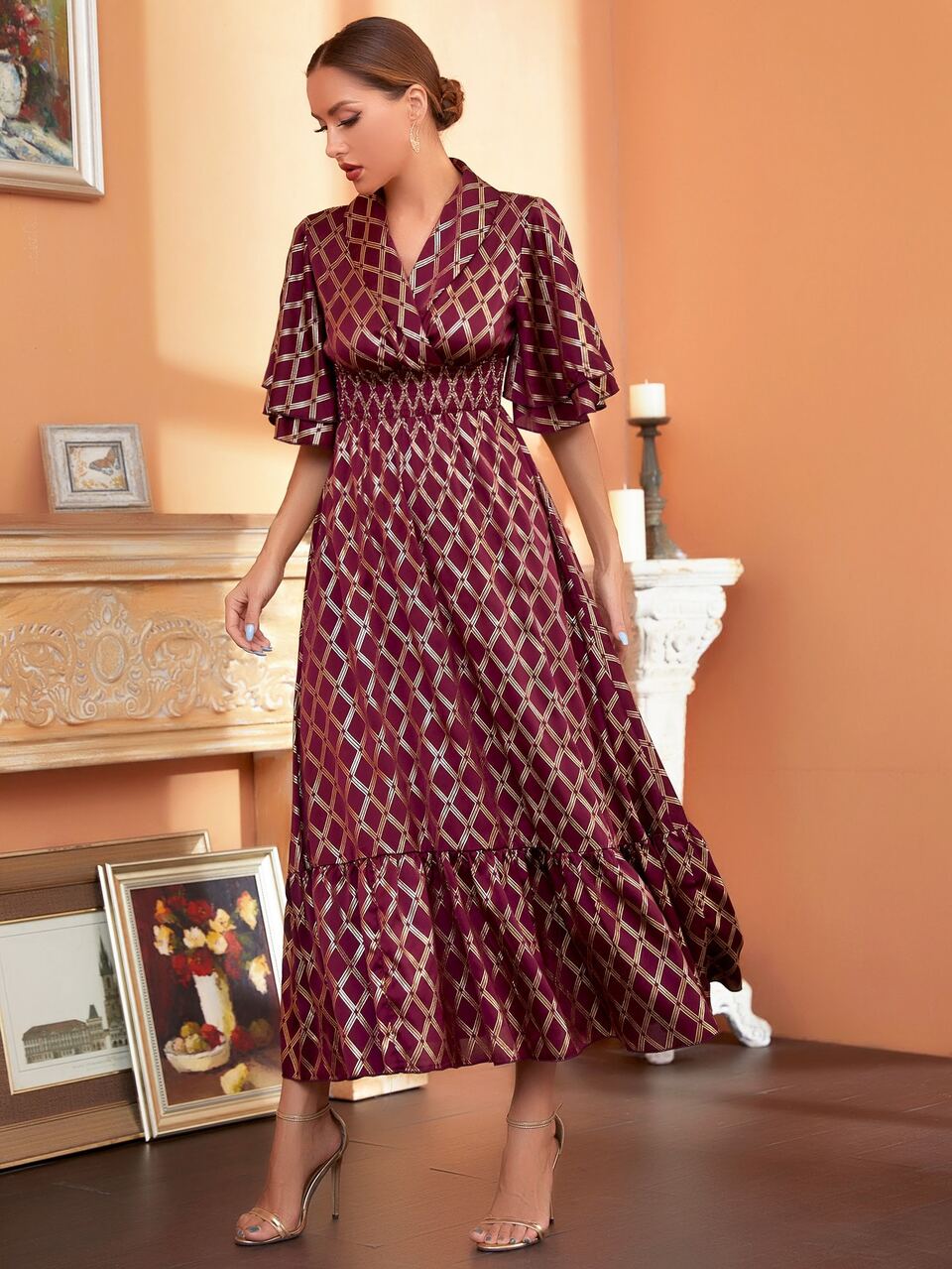 Burgundy Red Gold Argyle Print Shawl Collar Shirred Waist A-Line Dress