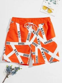 Surfspeed Men Letter Graphic Drawstring Waist Swim Trunks,Hawaiian
