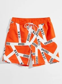 Surfspeed Men Letter Graphic Drawstring Waist Swim Trunks,Hawaiian