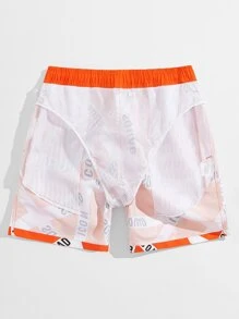 Surfspeed Men Letter Graphic Drawstring Waist Swim Trunks,Hawaiian