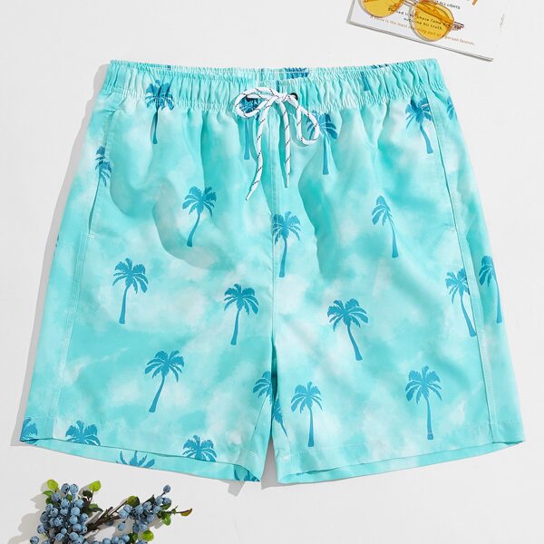 

Men Tropical Print Drawstring Swim Shorts, Mint blue