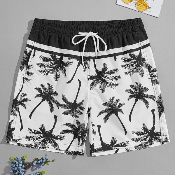 

Men Palm Tree Drawstring Swim Trunks, Black and white