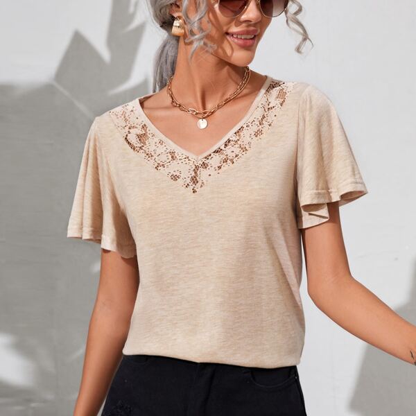 

Lace Panel Butterfly Sleeve V-Neck Tee, Apricot
