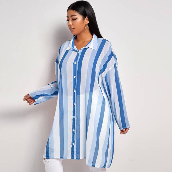 

Plus Striped Print Button Front Longline Blouse, Blue