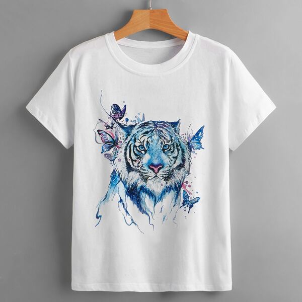 

Tiger Print Crew Neck Tee, White