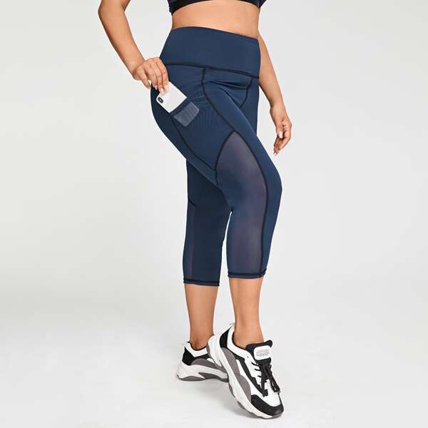 

Plus Contrast Mesh Sports Leggings With Phone Pocket, Navy blue