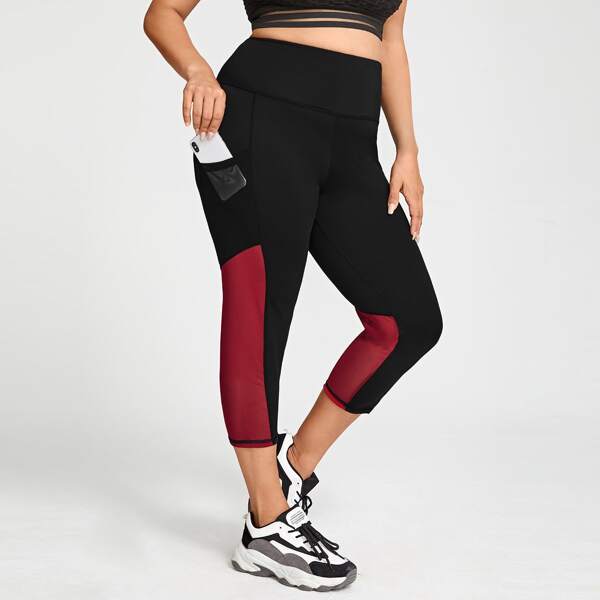 

Plus Contrast Mesh Sports Leggings With Phone Pocket, Black