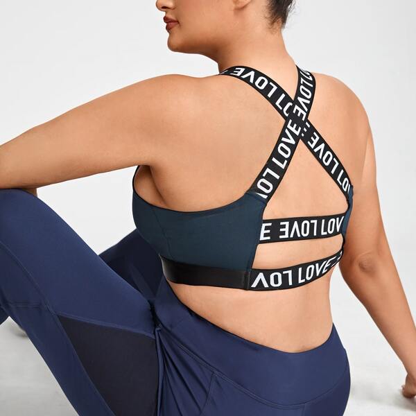 

Plus Medium Support Letter Graphic Criss Cross Sports Bra, Navy blue