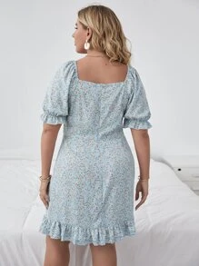 Plus Ditsy Floral Print Knot Front Layered Ruffle Hem Dress - Blue - View 2