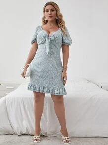 Plus Ditsy Floral Print Knot Front Layered Ruffle Hem Dress - Blue - View 3