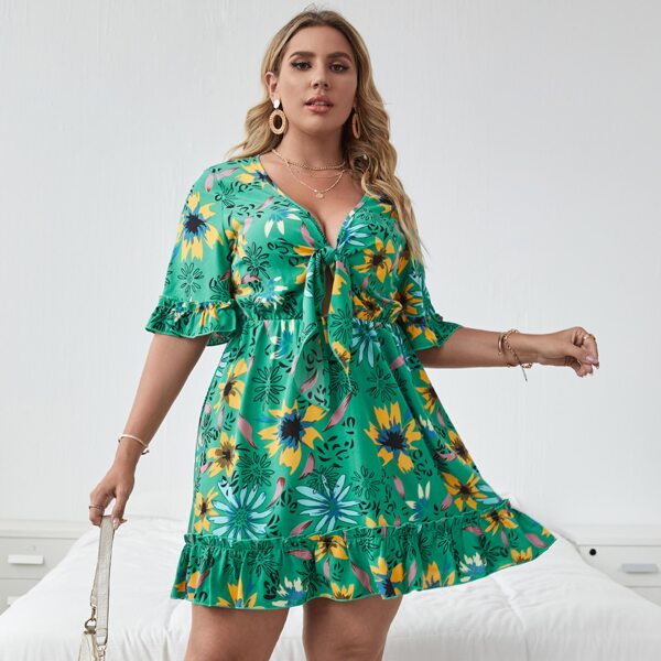 

Plus Floral Tie Front Flounce Sleeve Ruffle Hem Dress, Green