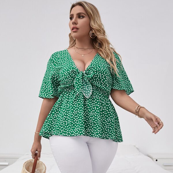 

Plus Allover Floral Print Knot Front Peplum Blouse, Green