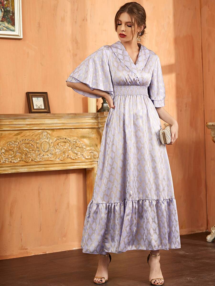 Modelyn 金色格紋圖案翻領打褶A字型連衣裙 - 淺灰紫 - 查看 1