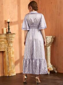 Modelyn 金色格紋圖案翻領打褶A字型連衣裙 - 淺灰紫 - 查看 2