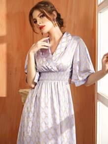 Modelyn 金色格紋圖案翻領打褶A字型連衣裙 - 淺灰紫 - 查看 3