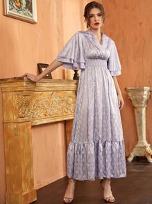 Modelyn 金色格紋圖案翻領打褶A字型連衣裙 - 淺灰紫 - 查看 4