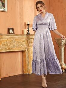 Modelyn 金色格紋圖案翻領打褶A字型連衣裙 - 淺灰紫 - 查看 5