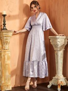 Modelyn 金色格紋圖案翻領打褶A字型連衣裙 - 淺灰紫 - 查看 6