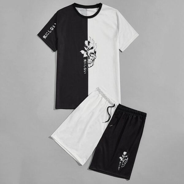 

Men Colorblock Japanese & Skeleton Print Tee & Drawstring Shorts Set, Black and white