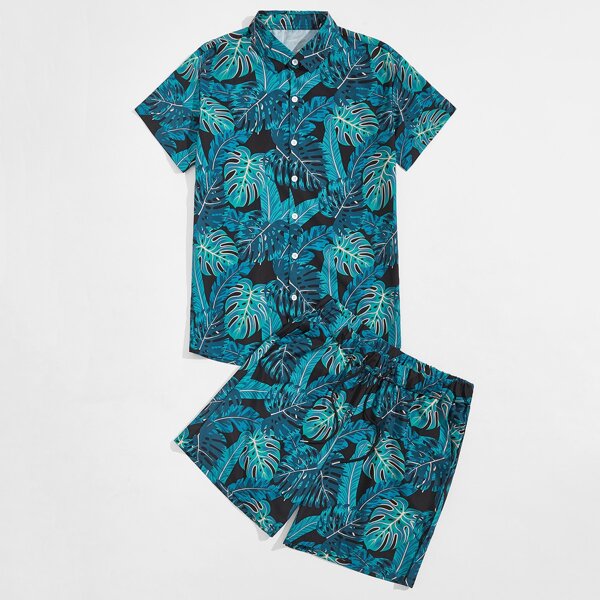 

Men Tropical Print Button Front Shirt & Shorts, Multicolor