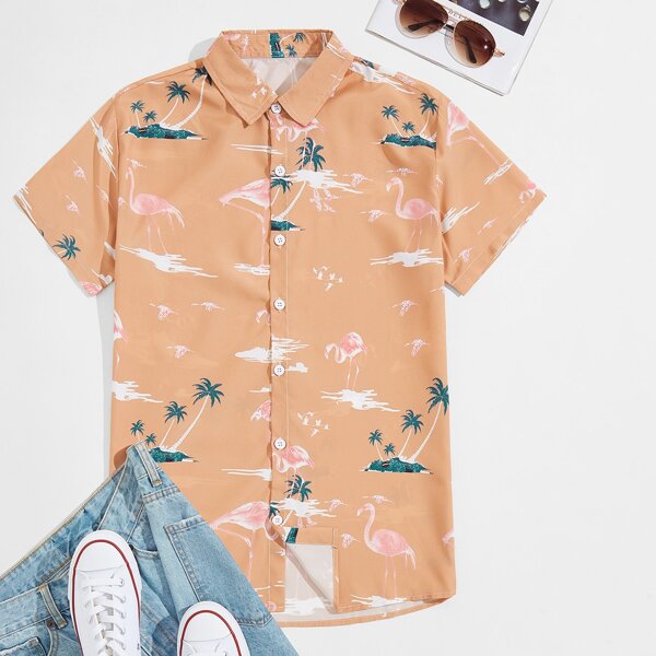 

Men Tropical And Flamingo Print Shirt, Orange