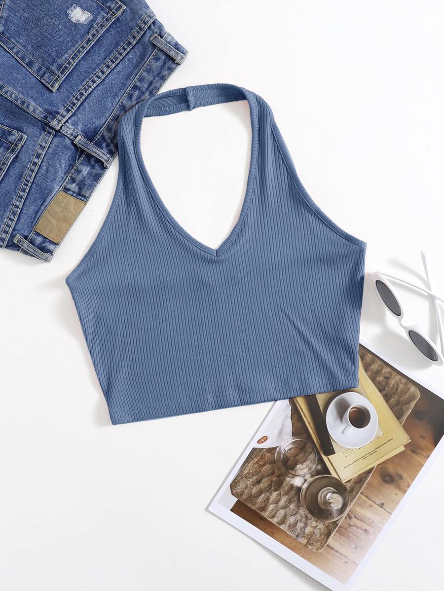 Muchica Top halter corto tejido de canalé - Neblina azul - Ver 1