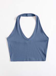 Muchica Top halter corto tejido de canalé - Neblina azul - Ver 3