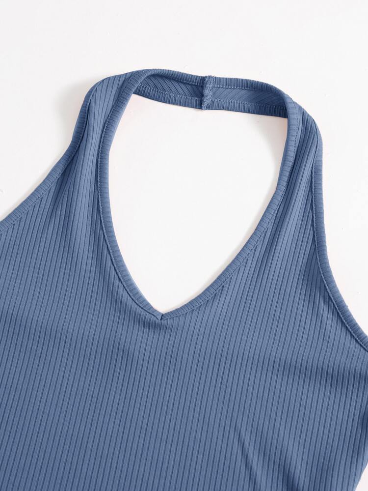 Muchica Rib-Knit Crop Halter Top - Dusty Blue - View 5