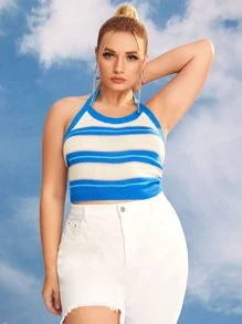 Top A Rayas Con Halter Para Tallas Grandes - Azul y blanco - Ver 1