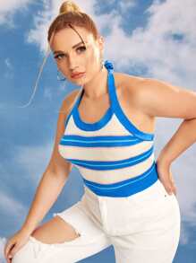Top A Rayas Con Halter Para Tallas Grandes - Azul y blanco - Ver 3