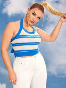 Top A Rayas Con Halter Para Tallas Grandes - Azul y blanco - Ver 4